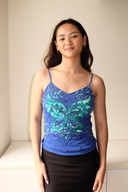 T25 Vintage Blue Butterfly Sequin Cami Top