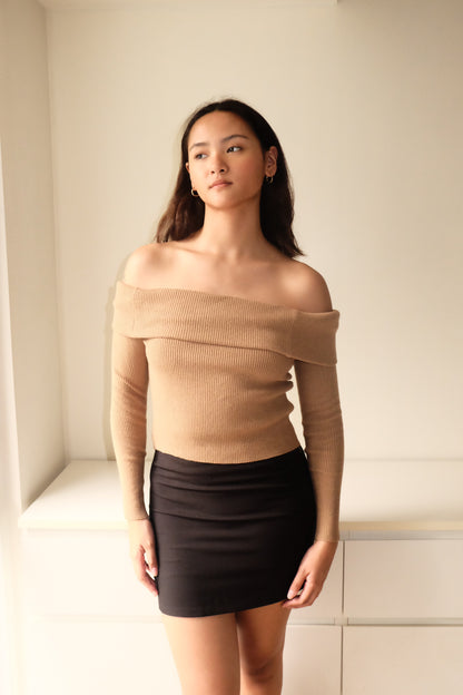 T16 Vintage Brown Knit Off Shoulder Top