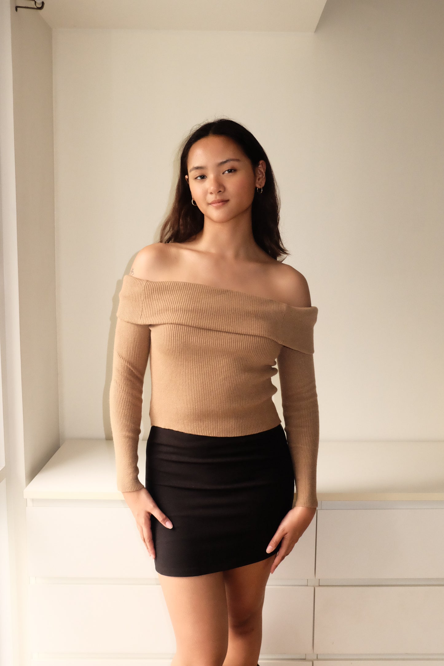 T16 Vintage Brown Knit Off Shoulder Top