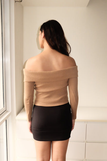 T16 Vintage Brown Knit Off Shoulder Top