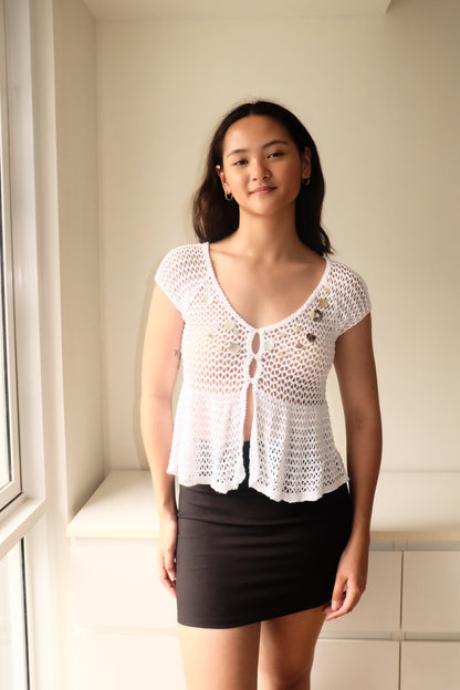 T17 Vintage White Crochet Top with Capiz Shells