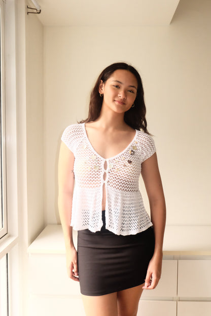 T17 Vintage White Crochet Top with Capiz Shells