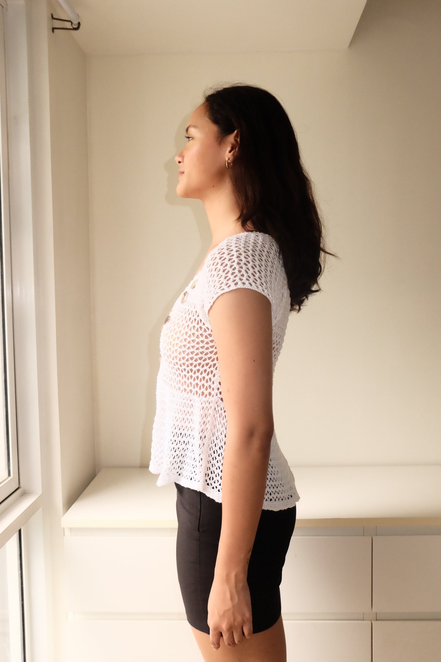 T17 Vintage White Crochet Top with Capiz Shells