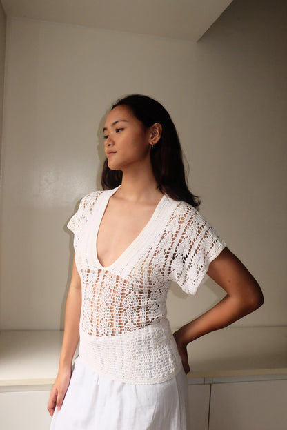 T30 Vintage Crochet White Butterfly Top