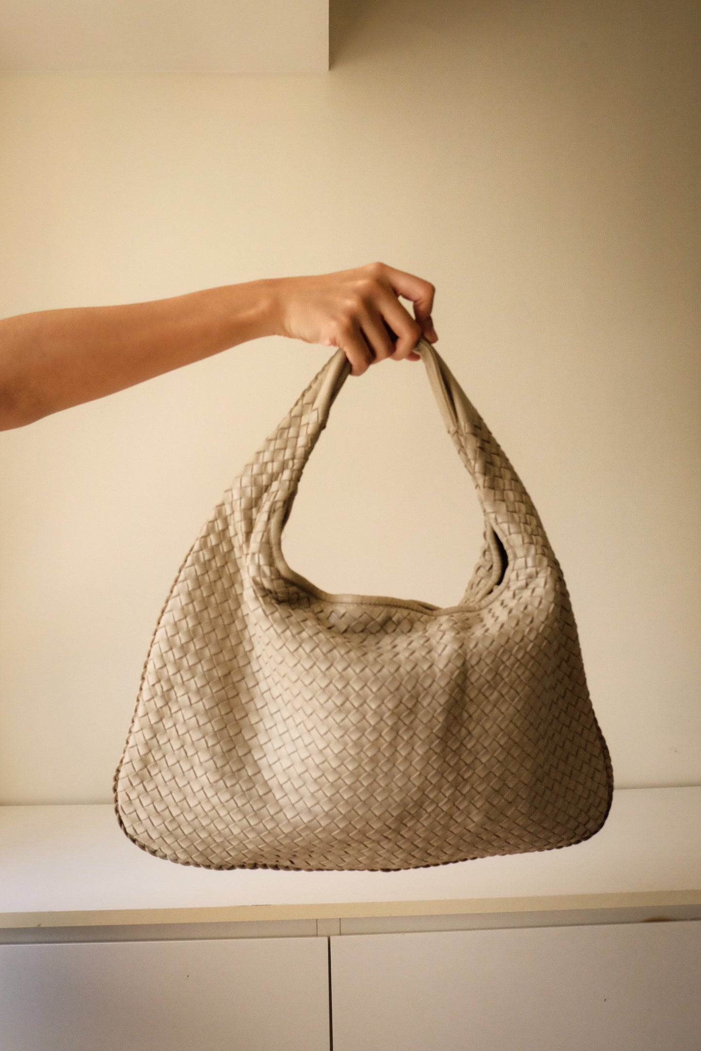 S02 Vintage Cream Genuine Leather Weave Shoulder Bag