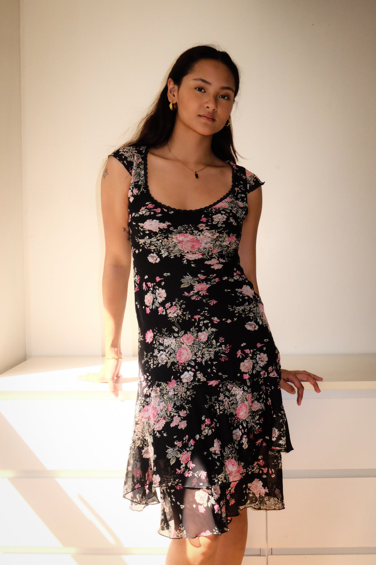 D42 Vintage Floral Pink Bias Cut Dress