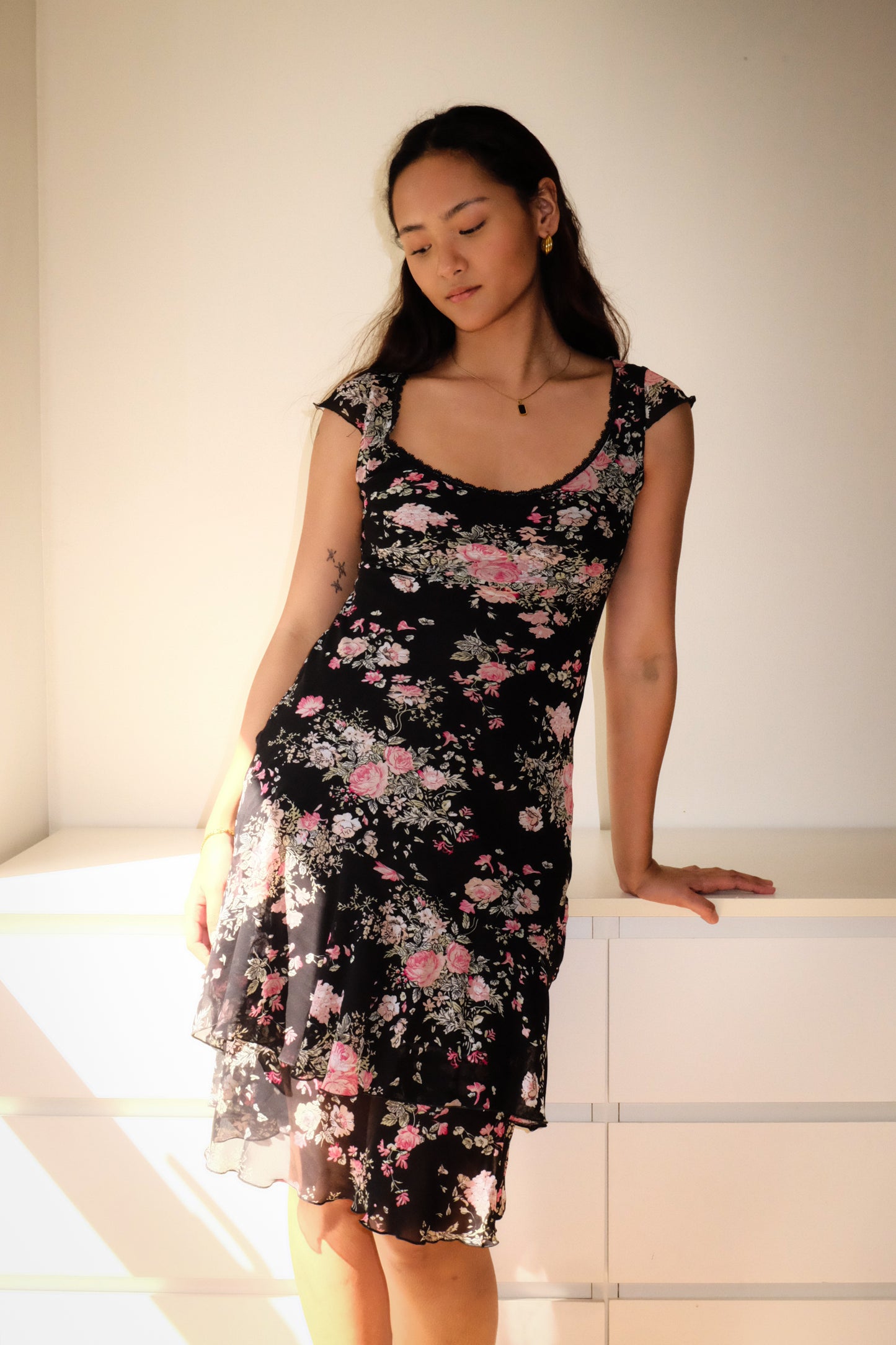 D42 Vintage Floral Pink Bias Cut Dress