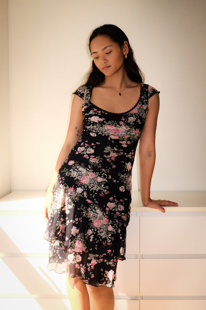 D42 Vintage Floral Pink Bias Cut Dress