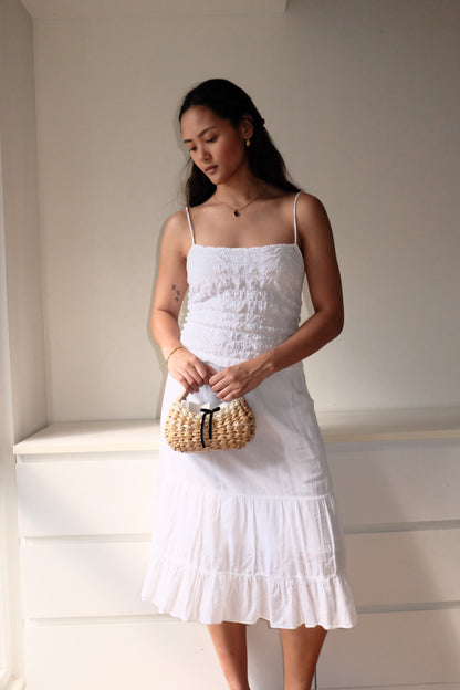 D45 Vintage Sunkissed White Linen Smocked Summer Dress