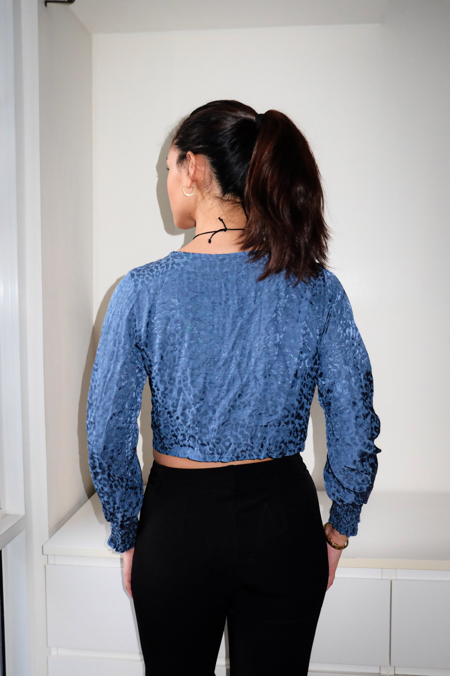 T40 Vintage Silk Blue Long Sleeve Top