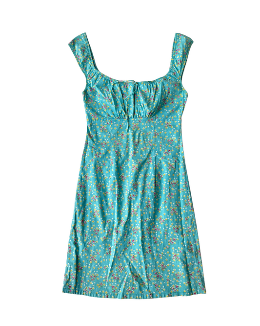 D43 Vintage Milkmaid Floral Blue Picnic Dress