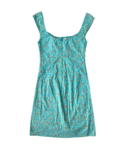 D43 Vintage Milkmaid Floral Blue Picnic Dress