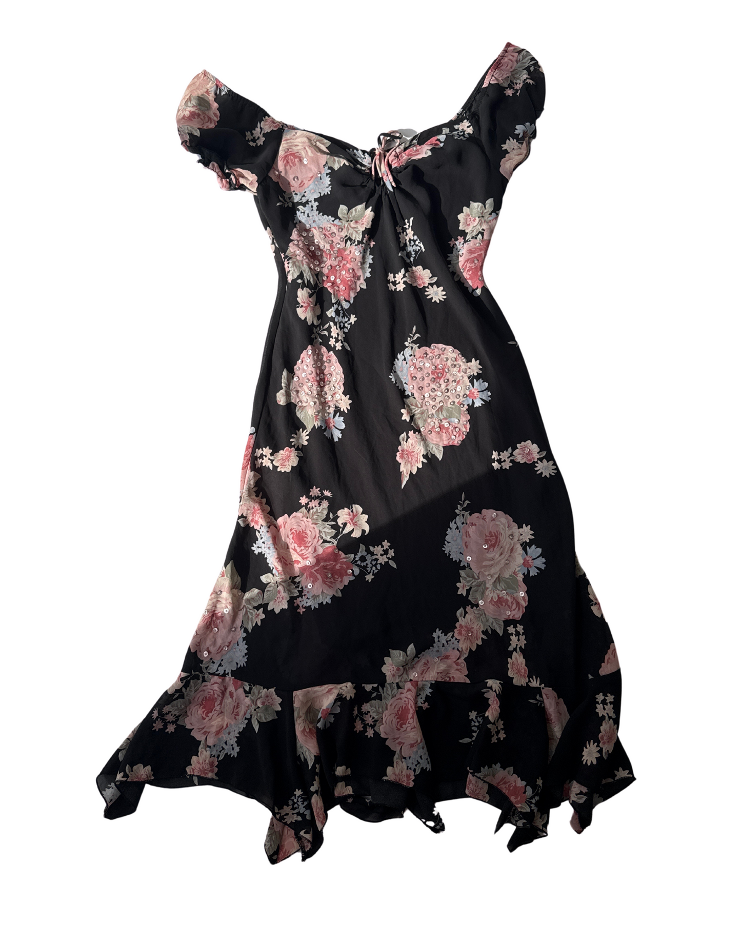 D39 Vintage Floral Pink Beaded Milkmaid Puff Sleeve Bias Cut Dress