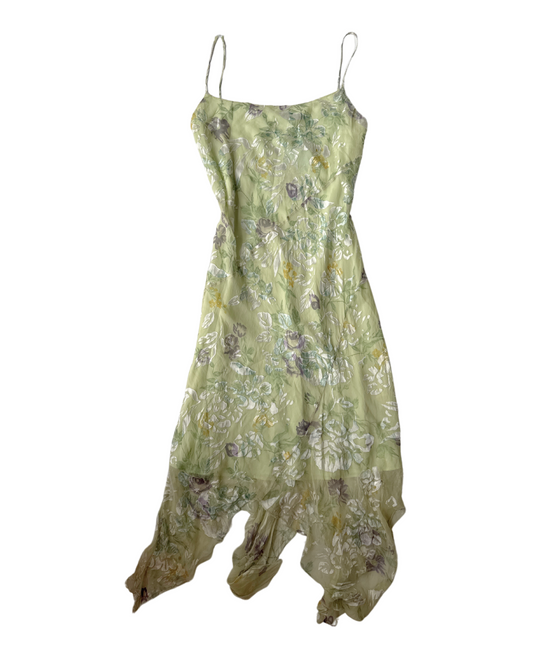 D31 Vintage Floral Green Bias Cut Fairy Dress