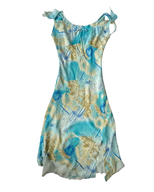 D35 Vintage Blue Floral Fairy Bias Cut Dress