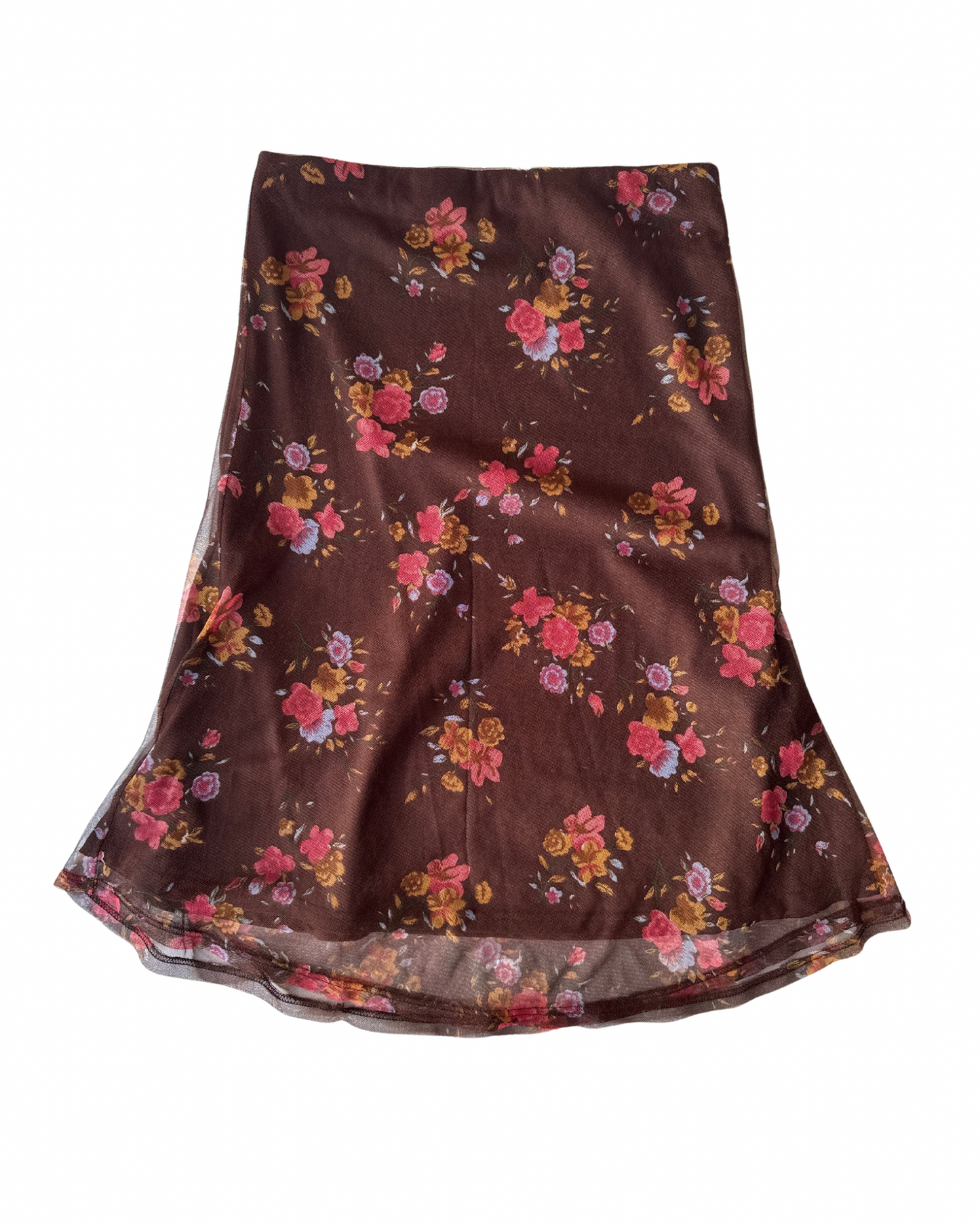 B11 Vintage Floral Brown Mesh Midi Skirt