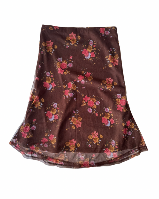 B11 Vintage Floral Brown Mesh Midi Skirt