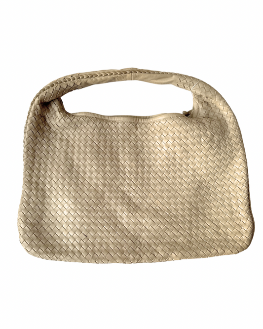 S02 Vintage Cream Genuine Leather Weave Shoulder Bag