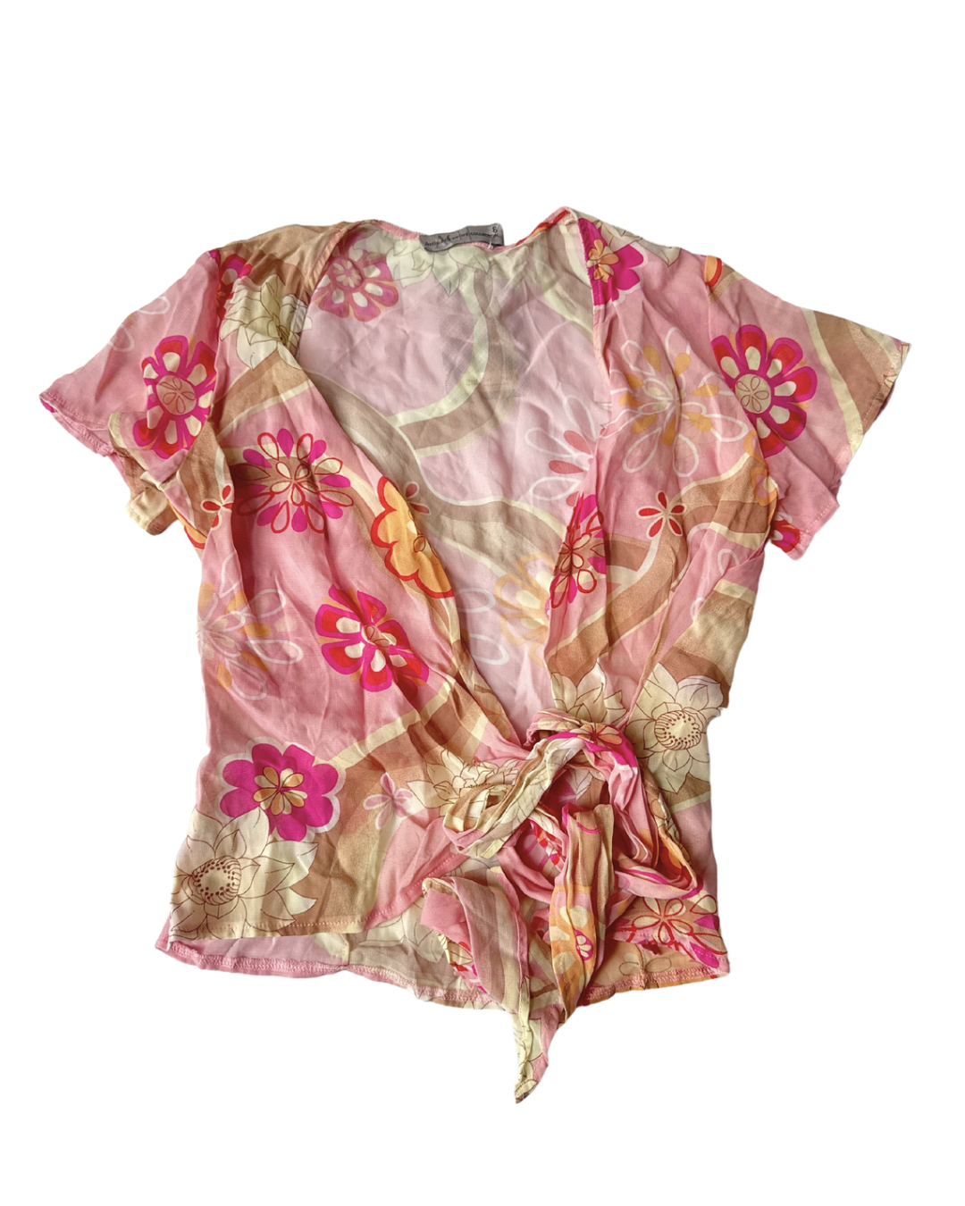 T41 Vintage Pink Silk Chiffon Floral Wrap Top