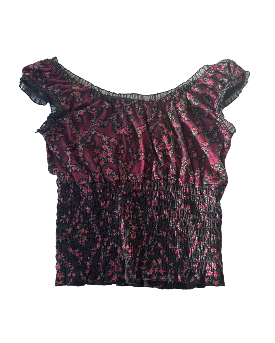 T32 Vintage Pink Floral Lace Puff Sleeve Top