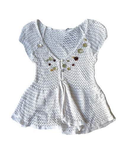 T17 Vintage White Crochet Top with Capiz Shells