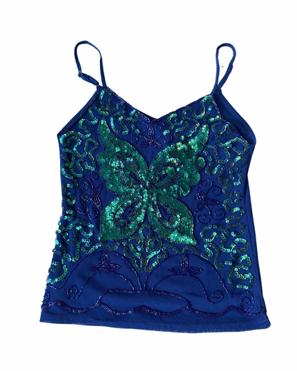 T25 Vintage Blue Butterfly Sequin Cami Top