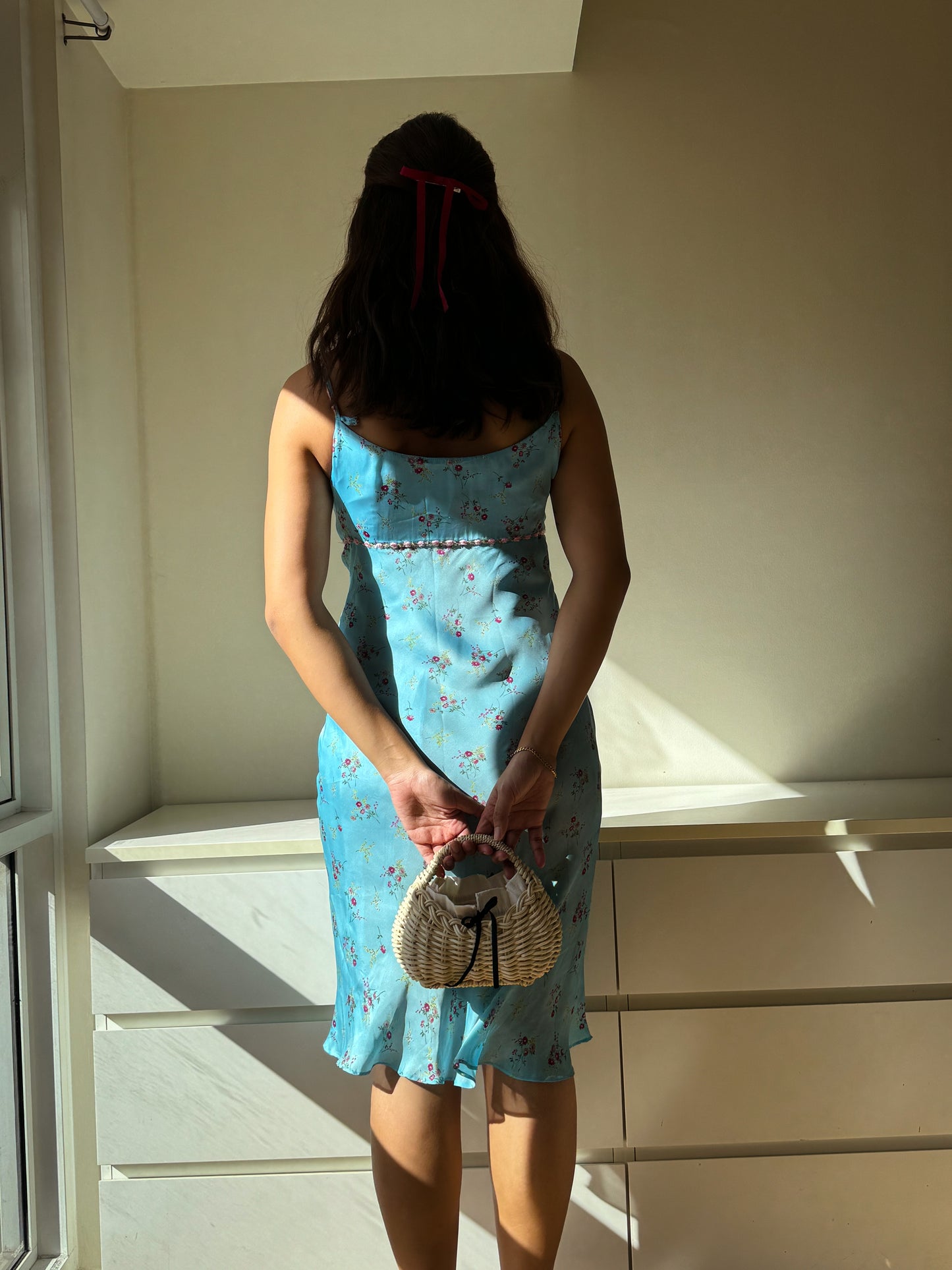 D30 Vintage Floral Blue & Pink Milkmaid Bias Dress