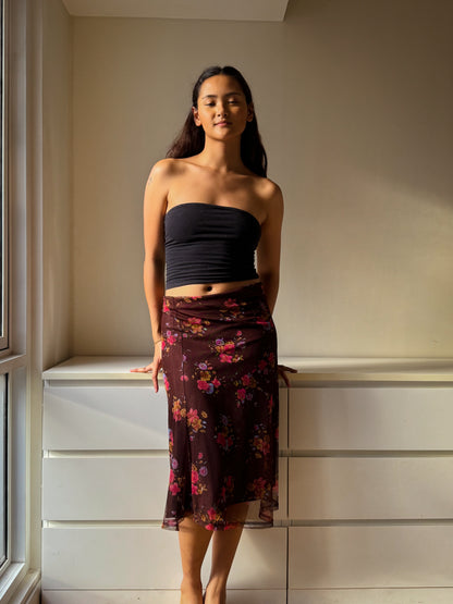 B11 Vintage Floral Brown Mesh Midi Skirt