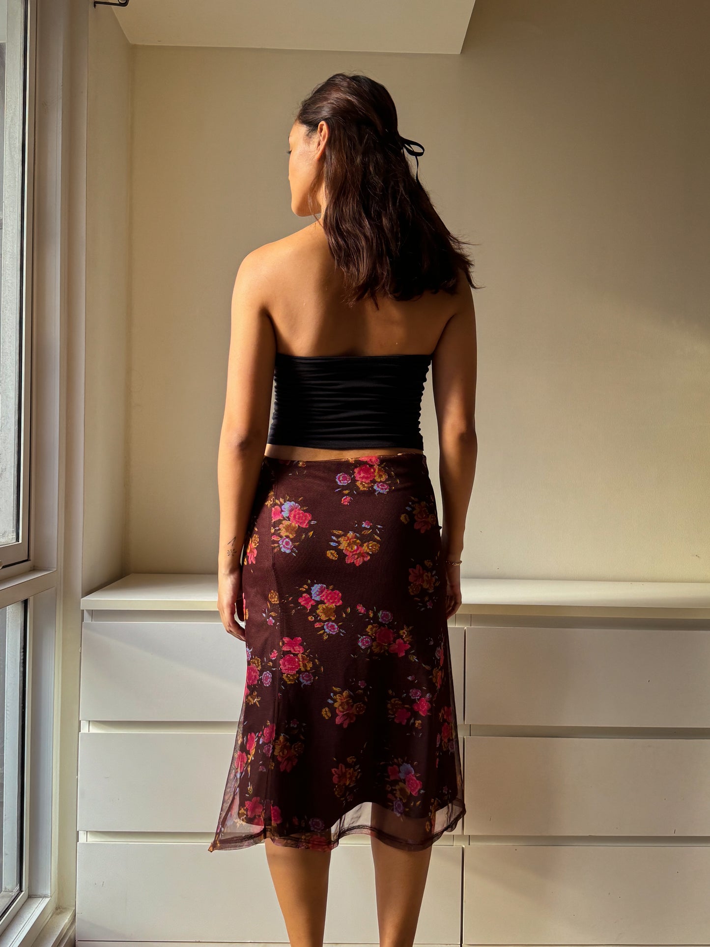 B11 Vintage Floral Brown Mesh Midi Skirt